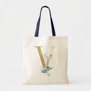 Tote Bag Lettre V Monogramme Doré Fleurs Aquarelle Bleue