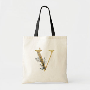 Tote Bag *~* Lettre V Monogramme Or Feuilles noirs initiaux