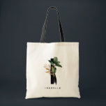 Tote Bag Lettre vert tropicale I Monogramme Personnalisé<br><div class="desc">Sac fourre-tout monogramme de lettre I personnalisable avec aquarelle plante en caoutchouc tropical, fausse feuille de feuille d'or et accents de brosse en aquarelle noire. Personnalisez ce sac fourre-tout de monogramme tropical par votre nom ou d'autres détails. Ce sac fourre-tout monogramme de lettre I boho sera parfait comme cadeau. D'autres...</div>