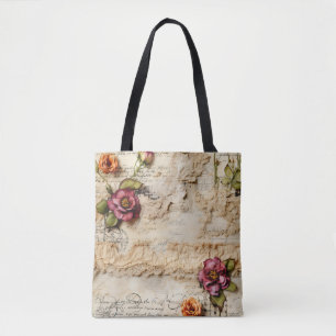 Tote Bag Lettre vintage d'amour parchemin avec fleurs (8)