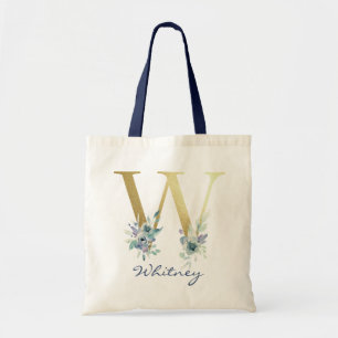 Tote Bag Lettre W Monogramme Doré Décor Floral Nom Bleu