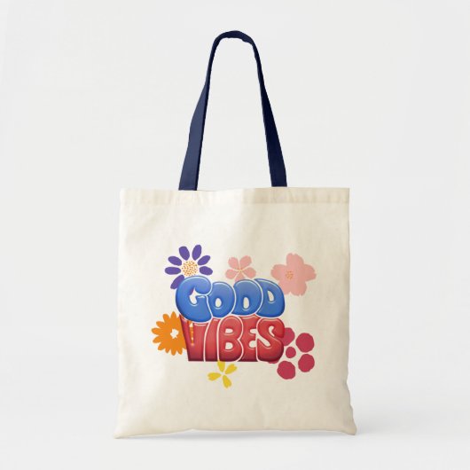 Tote Bag Lettres de bulle de Good Vibes et fleurs de hippie (Devant)