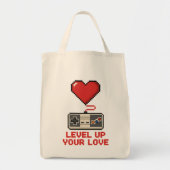 Tote Bag Level Up Your Love, Retro Pixel Gaming Design (Devant)
