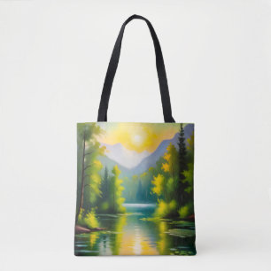 Tote Bag Lever de soleil sur des montagnes enneigées et un 