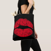 Tote Bag Lèvres de baiser rouge sur noir (De près)