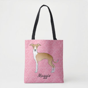 Tote Bag Lévrier Italien Fauve Et Blanc Sur Cœurs Roses