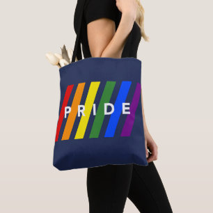 Tote Bag LGBTQ FIDE Diagonal Rainbow Stripes sur Navy Blue