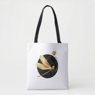 Tote Bag libellule d'or en cercle noir