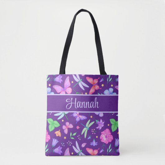 Tote Bag Libellule et papillon violet rose nom personnalisé (Devant)