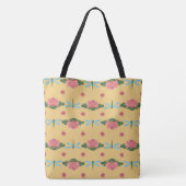 Tote Bag libellules bleu pâle, nymphes d'eau rose sur jaune (Dos)