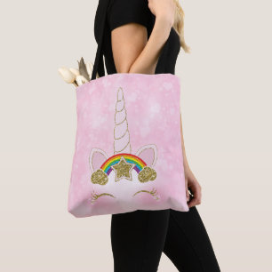 Tote Bag Licorne à corne visage arc-en-ciel or coeurs roses