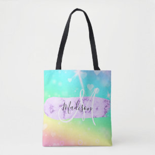 Tote Bag Licorne Arc-en-Ciel Cœurs Monogramme Coloré Fémini