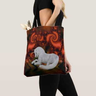 Tote Bag Licorne blanche fractales rouges fantaisie cheval 