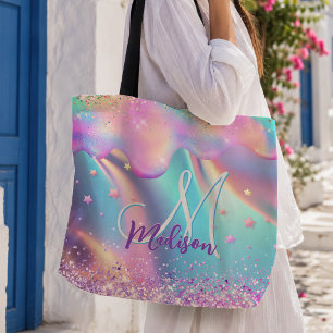Tote Bag Licorne holographique chic dégoulinant de paillett