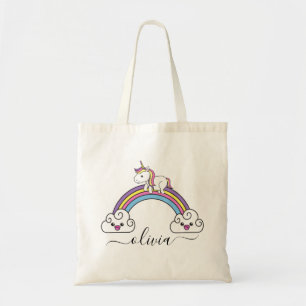 Tote Bag Licorne Mignonne Sur Arc-En-Ciel Nom Personnalisé
