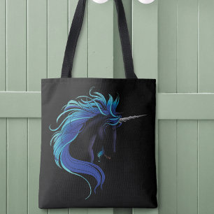 Tote Bag Licorne noire élégante Magie Fantastique Bleu Arge