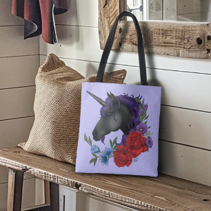 Tote Bag Licorne noire fleurs de jardin de minuit violet