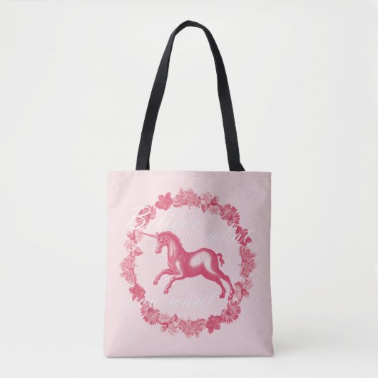 Tote Bag Licorne rose et fleurs (Devant)