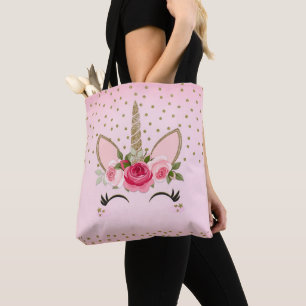 Tote Bag Licorne Tendance Paillettes Dorées & Fleurs Roses