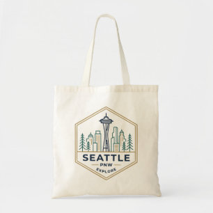 Tote Bag Ligne d'art de la skyline de Seattle Or Bleu Badge