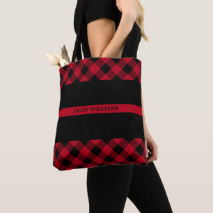 Tote Bag Ligne rouge mince monogramme de plaid de Buffalo