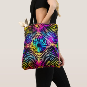 Tote Bag Lignes de néon psychédélique avec art floral