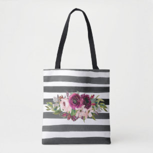 Tote Bag Lignes noires et blanches et floral