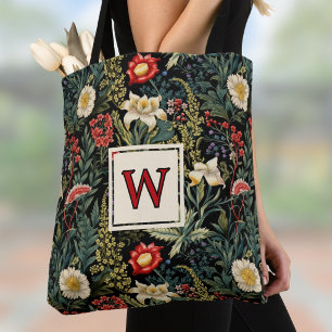 Tote Bag Lilies Dahlias Fleurs Rouge Blanc Vert Monogramme
