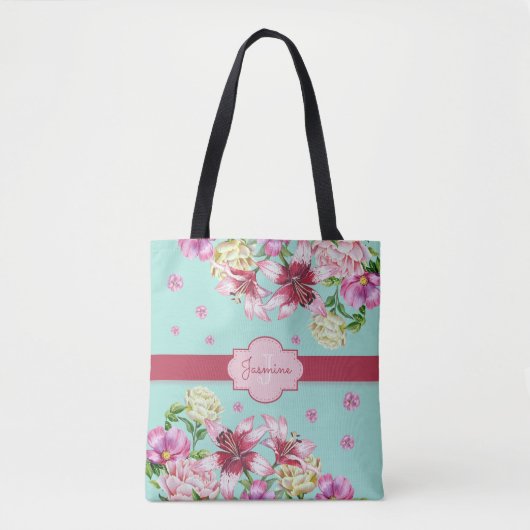 Tote Bag Lily & Peony Floral Aqua (Devant)