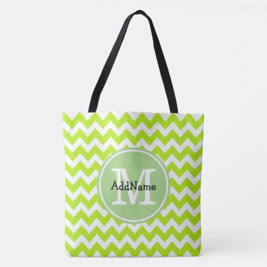 Tote Bag Lime Chevron, Monogramme Personnalisé Nom (Devant)