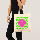 Tote Bag Lime Green Chevron Hot rose Quatrefoil Monogramme (Devant (produit))