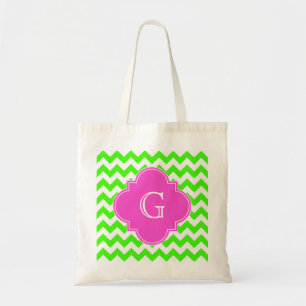 Tote Bag Lime Green Chevron Hot rose Quatrefoil Monogramme