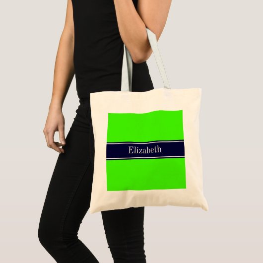 Tote Bag Lime solide vert, ruban bleu marine Nom Monogramme (Devant (produit))