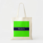 Tote Bag Lime solide vert, ruban bleu marine Nom Monogramme (Devant)