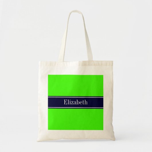 Tote Bag Lime solide vert, ruban bleu marine Nom Monogramme (Devant)