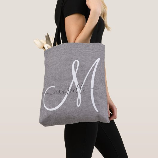 Tote Bag Linge gris monogramme blanc (De près)