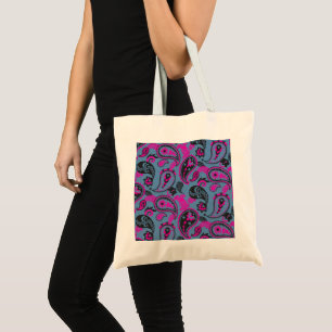 Tote Bag Linocut Paisley Traditionnel Vivid Rose Dusky Bleu