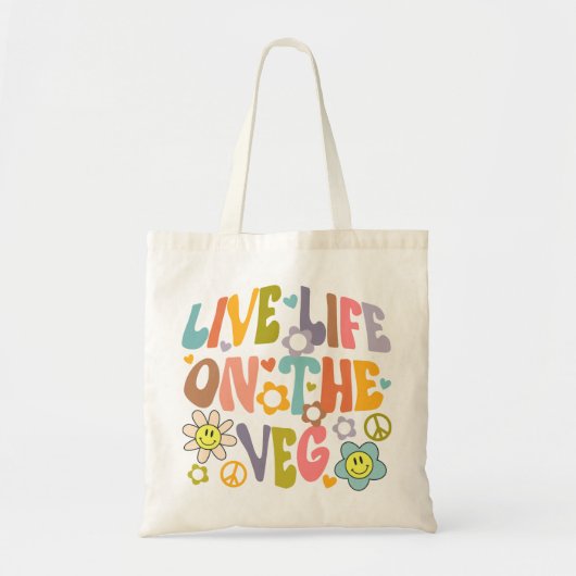 Tote Bag Live Life on the Veg, Fleurs tendance Retro Vegan (Devant)