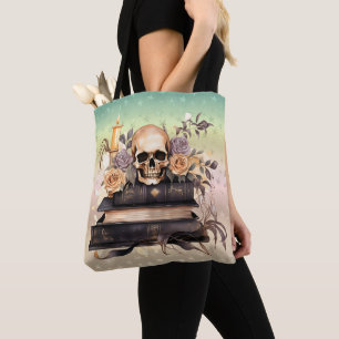 Tote Bag Livres de crânes Roses dorées et grises Halloween
