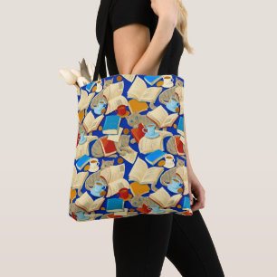 Tote Bag Livres et chats en bleu