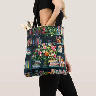 Tote Bag Livres et fleurs sur bibliothèque
