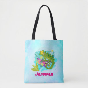 Tote Bag Lizard tropical aux fleurs sur bleu turquoise