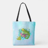 Tote Bag Lizard tropical aux fleurs sur bleu turquoise (Dos)