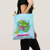 Tote Bag Lizard tropical aux fleurs sur bleu turquoise (De près)