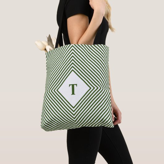 Tote Bag Losanges verts rayonnants avec monogramme central (De près)