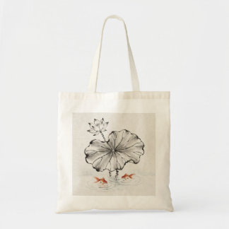 Tote Bag Lotus à l'encre minimaliste et poisson rouge