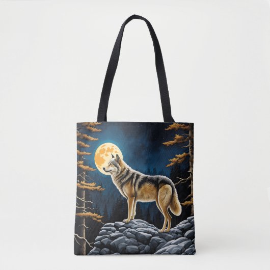 Tote Bag Loup dans la forêt avec lune jaune (Devant)