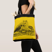 Tote Bag Loup et corbeau - Design noir et jaune (De près)