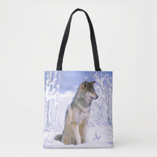 Tote Bag Loup gris assis dans la neige, Canis lupus