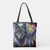 Tote Bag Loup noir avec un catcheur de rêves (Dos)